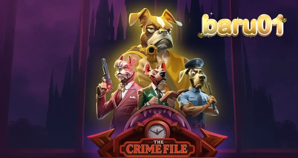 Tampilan visual noir dari slot The Crime File dengan detektif anjing dan latar kota hujan.